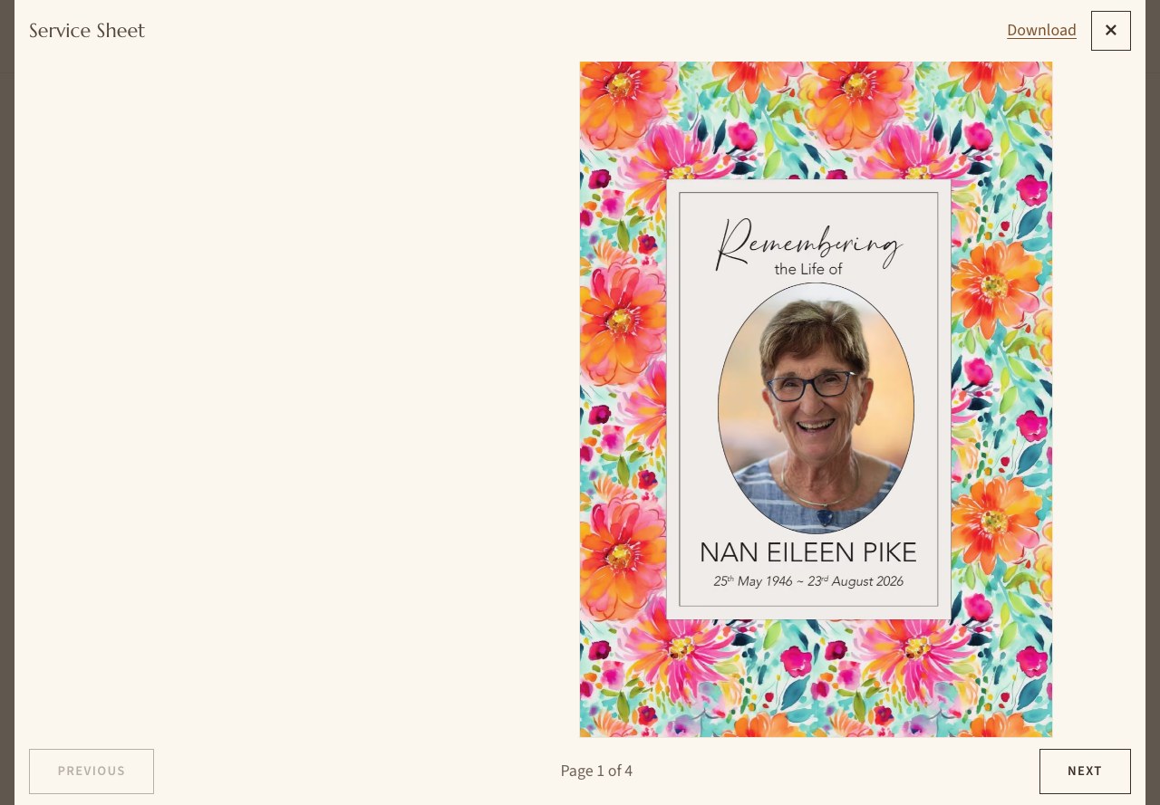 Nan Pike's service sheet open as a booklet on her page, on its cover, with buttons to turn the page and to download