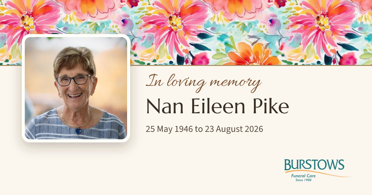 The card Facebook shows for Nan Eileen Pike's page: a floral banner, her photo, In loving memory, her name and dates, and the Burstows logo