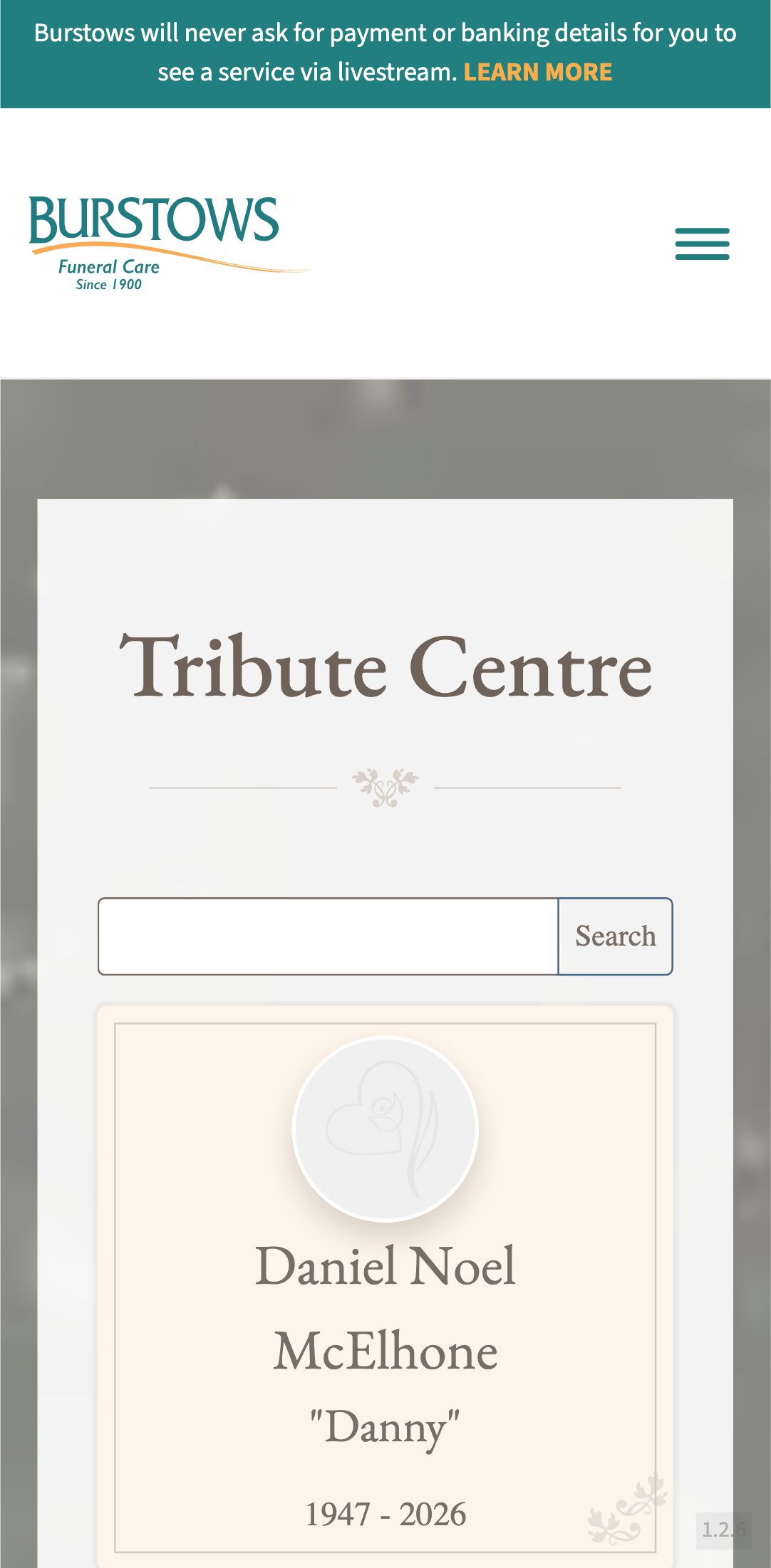 The current page, Tribute Centre, on a phone